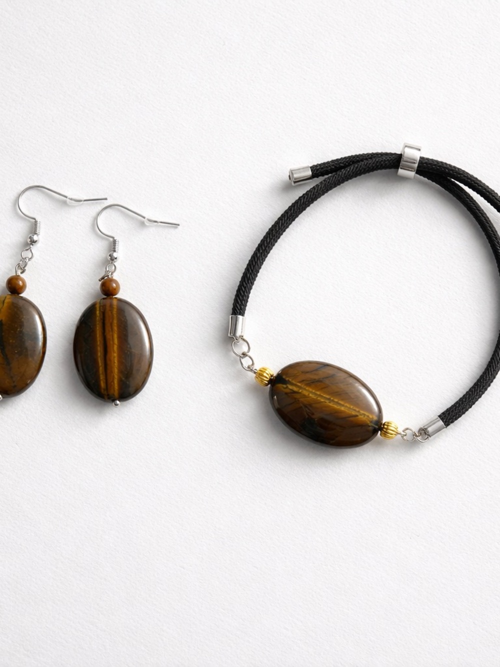Tiger Eye Bead Bracelet with Matching Brown Stone Earrings